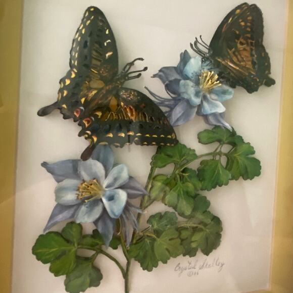 Vtg 3D Butterfly Flower Art Shadow Box Frame 1986 Crystal Skelley Raised Decor - Picture 2 of 7